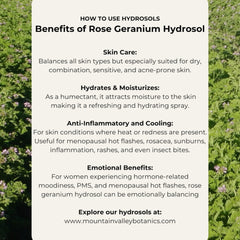 Rose Geranium Hydrosol benefits text on white background with green plant border, Mountain Valley Botanics website address