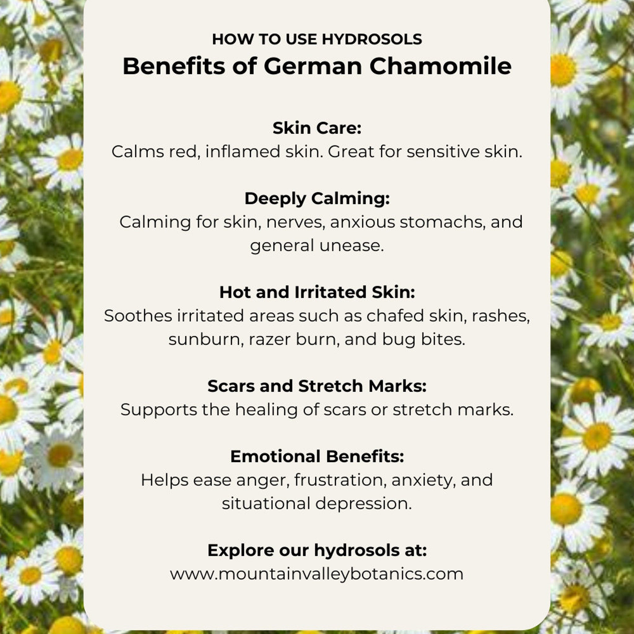 German Chamomile benefits list on cream background with white and yellow flowers, text about skin care and emotional benefits