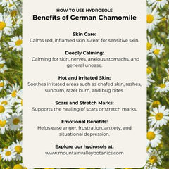 German Chamomile benefits list on cream background with white and yellow flowers, text about skin care and emotional benefits