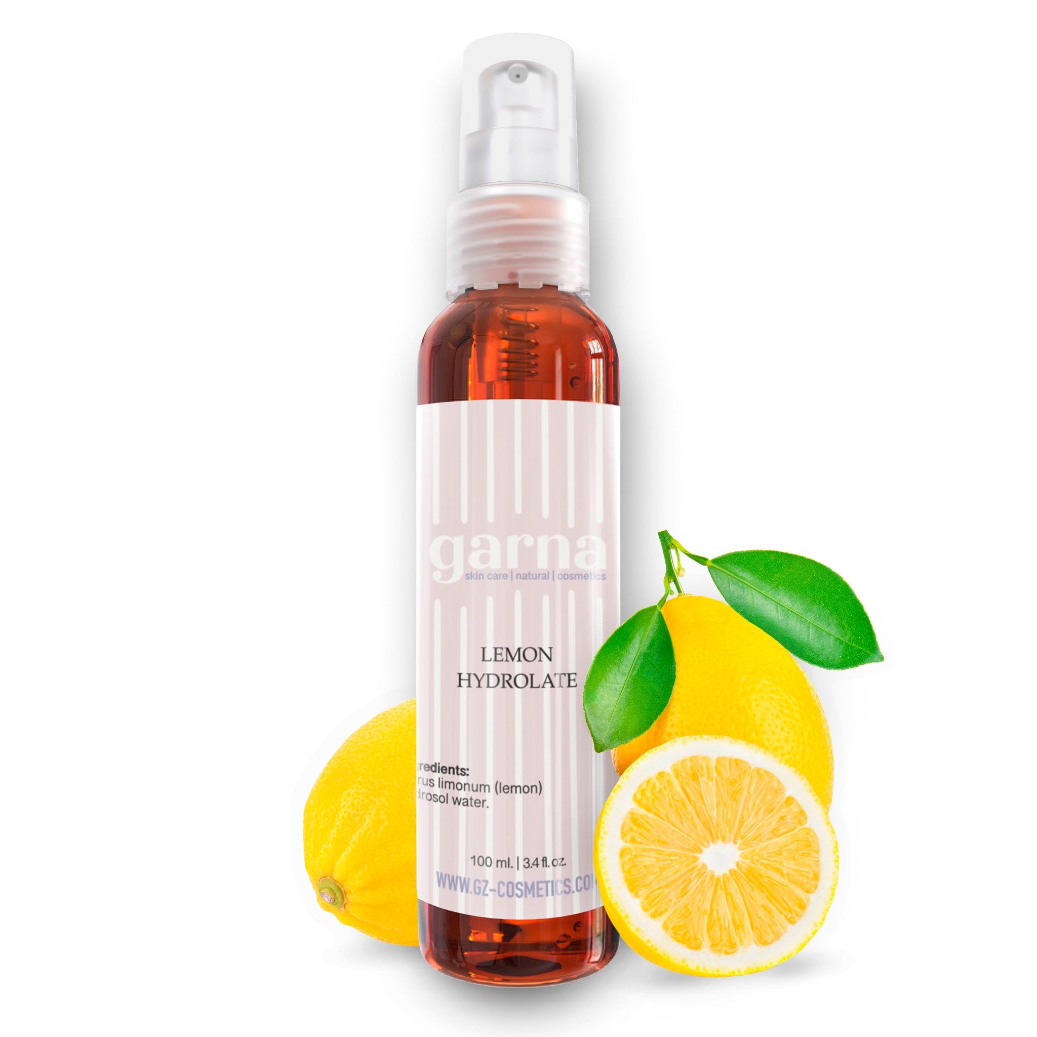 Toner spray bottle with clear plastic, brown liquid, and Garna label with lemons
