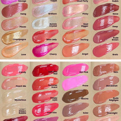 Lip gloss swatches in various colors and textures, including pink, red, and brown shades