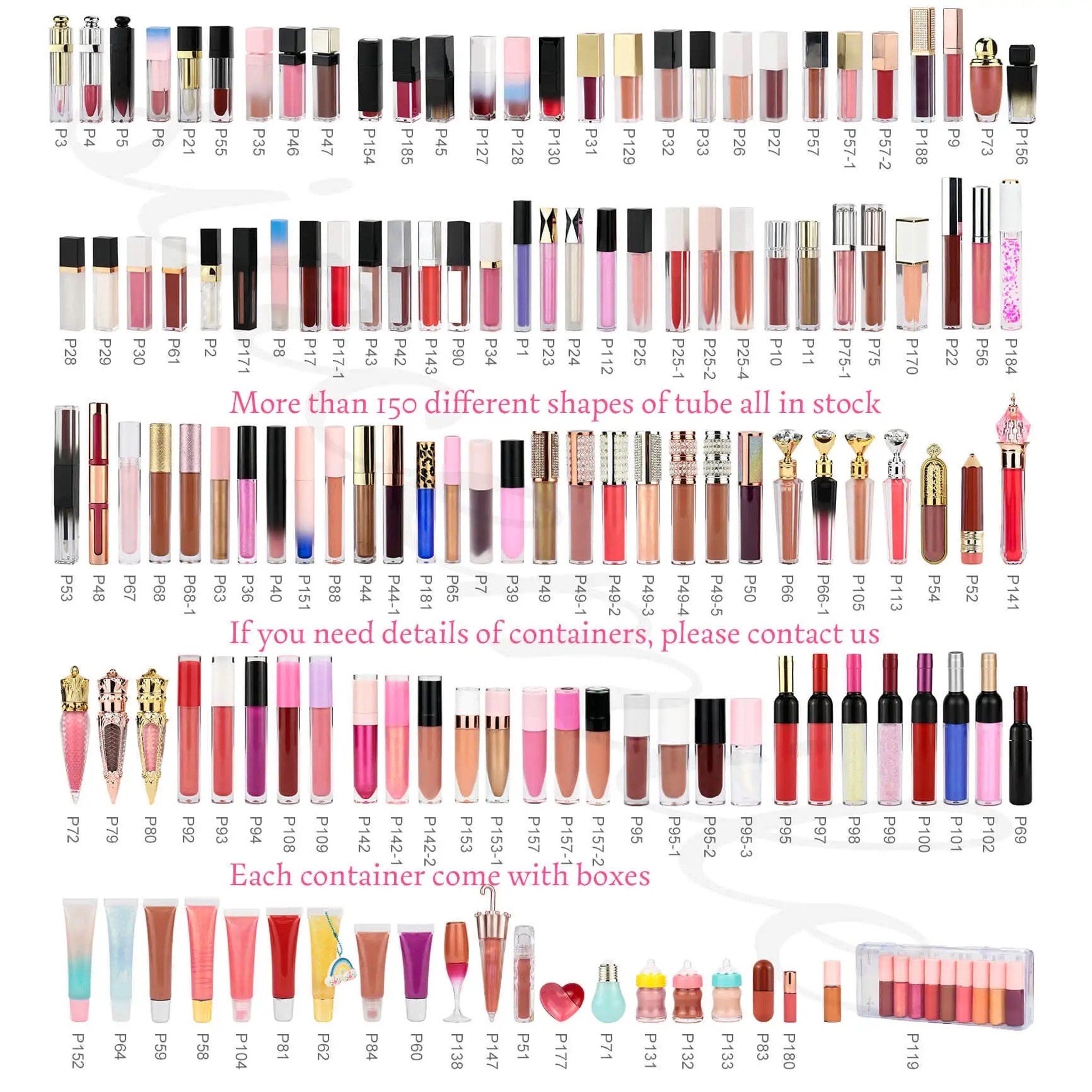 Lip gloss tubes in various colors and styles, shown in a product display, ready for use.