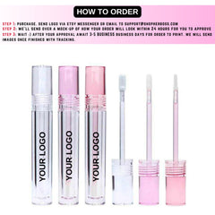Lip gloss tubes with clear, pink, and white applicators, "YOUR LOGO" text visible