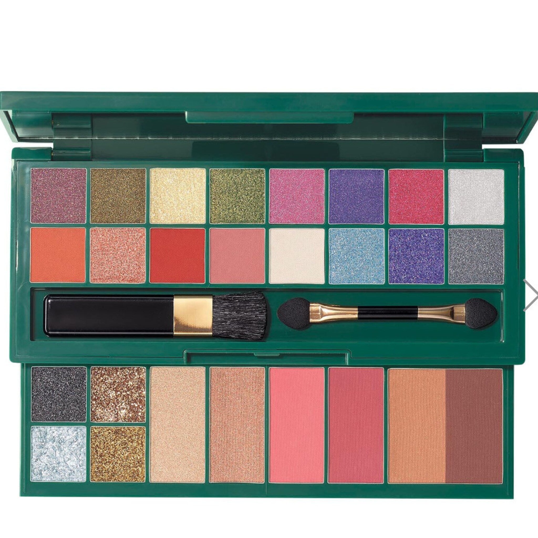 Eye shadow palette with green case, multi-color shimmer, and applicators