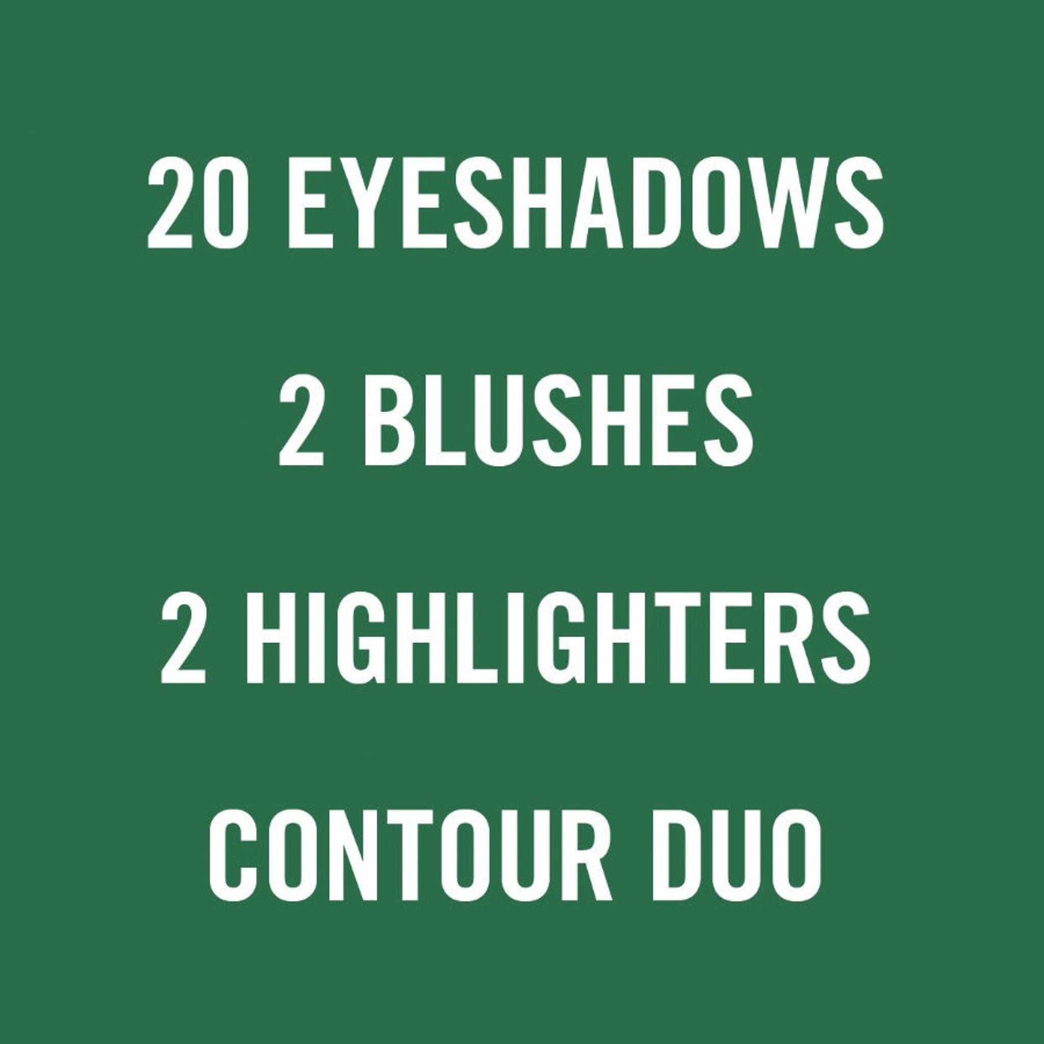 Makeup set on green background with white text listing 20 eyeshadows, 2 blushes, 2 highlighters, and contour duo