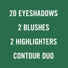 Makeup set on green background with white text listing 20 eyeshadows, 2 blushes, 2 highlighters, and contour duo