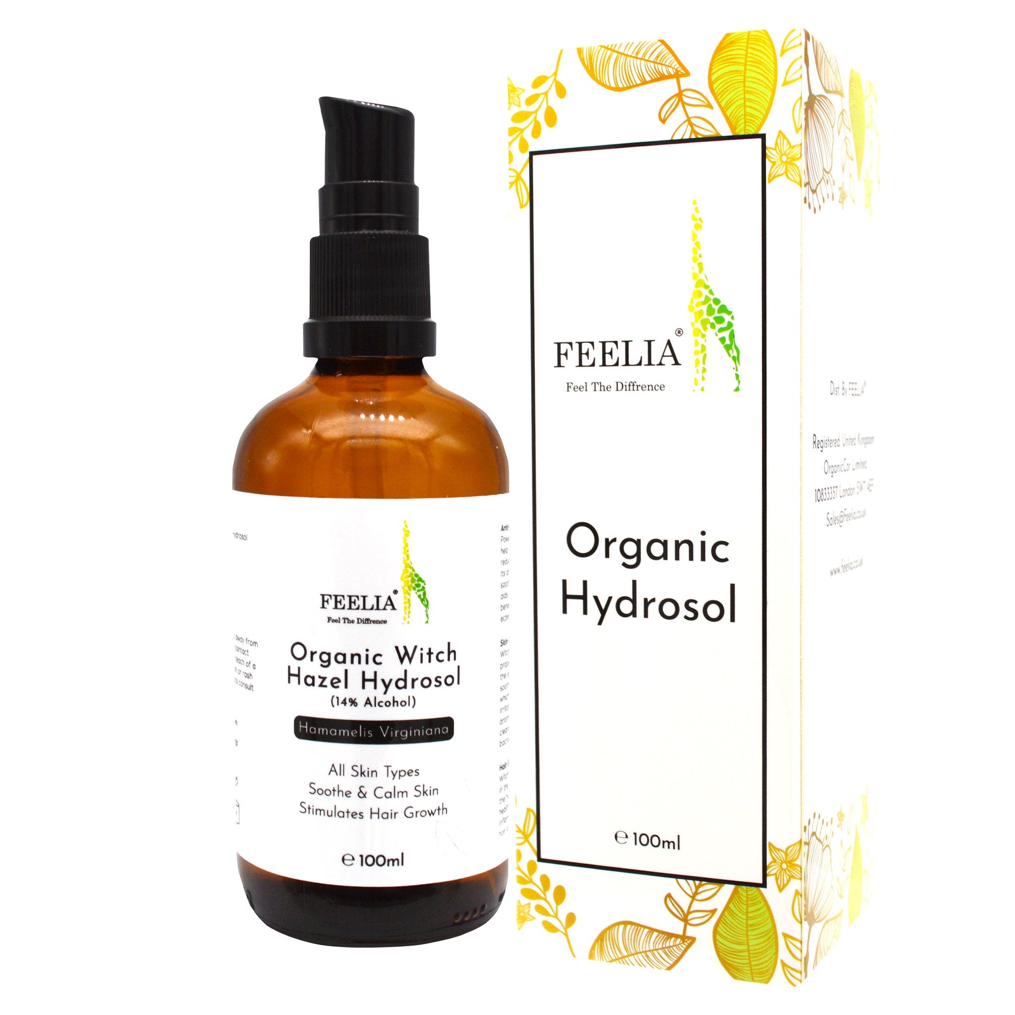 Toner bottle with brown glass, black pump, and FEELIA branding next to a patterned box