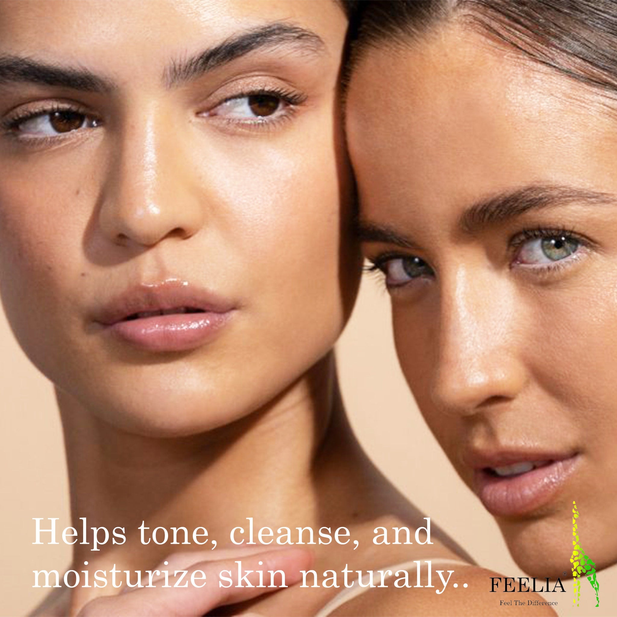Skincare models with fair and tan skin, close-up of faces, FEELIA logo visible.