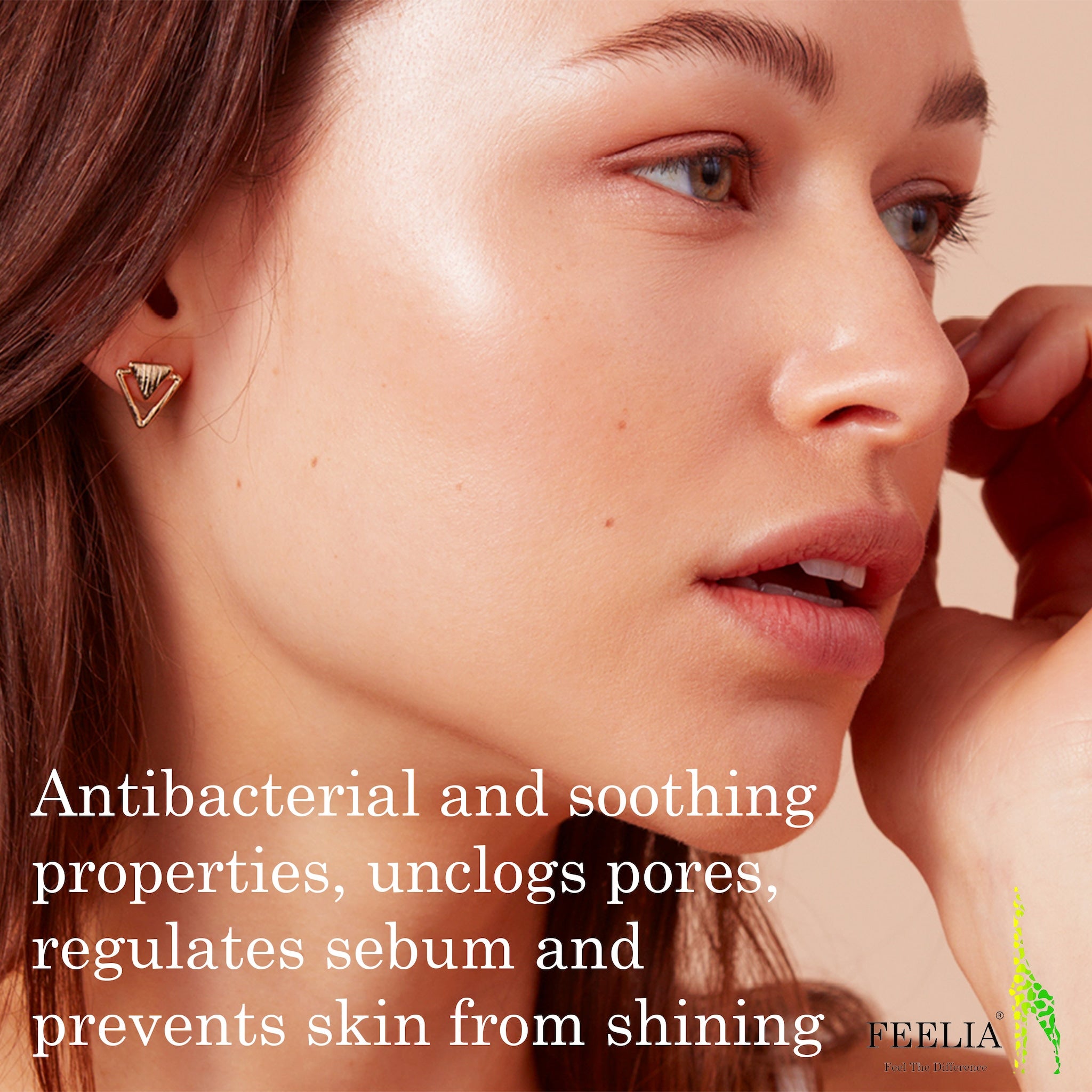 Woman's face with smooth skin, wearing gold earrings, with text about skincare and FEELIA logo