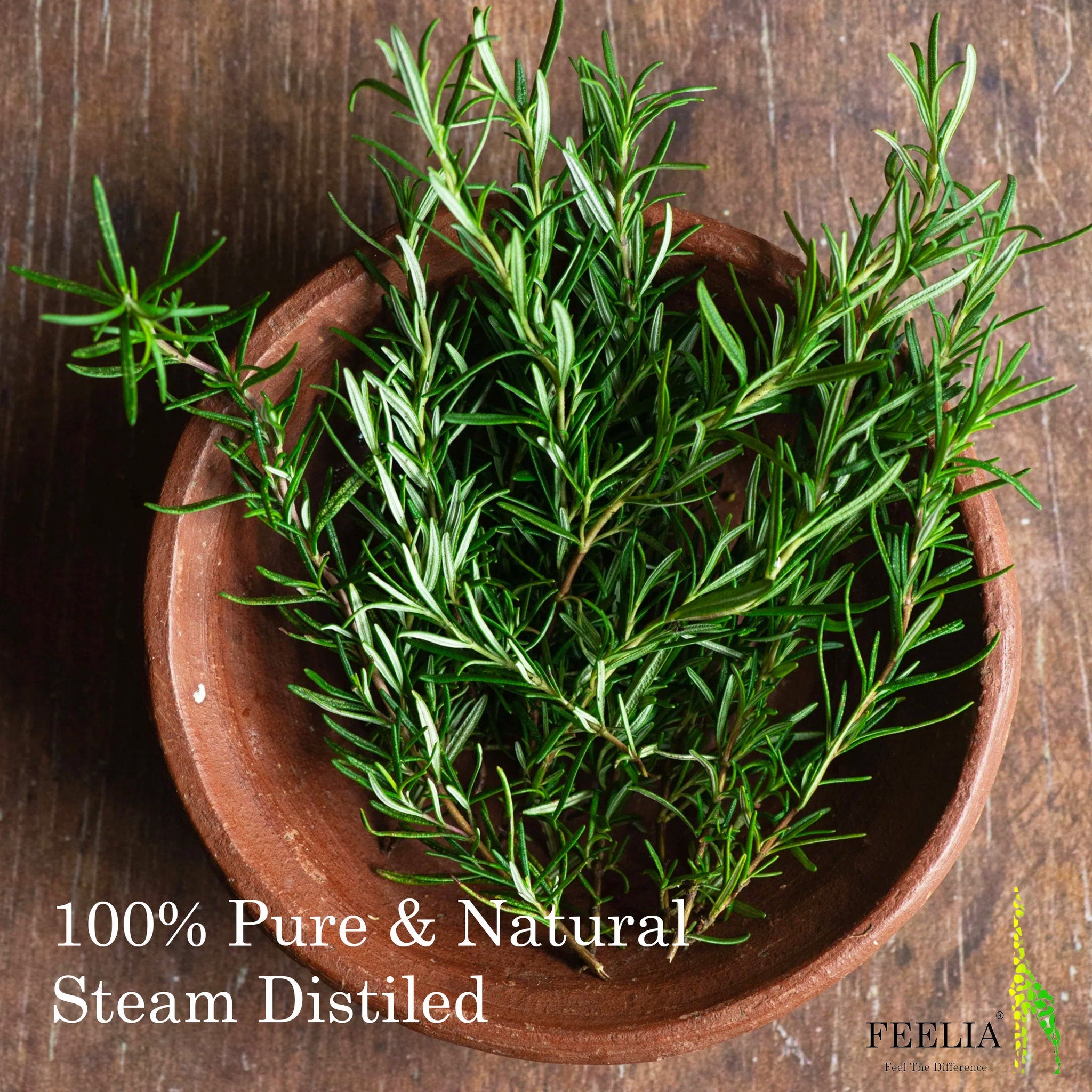 Rosemary sprigs in a brown ceramic bowl with green leaves on a wooden surface