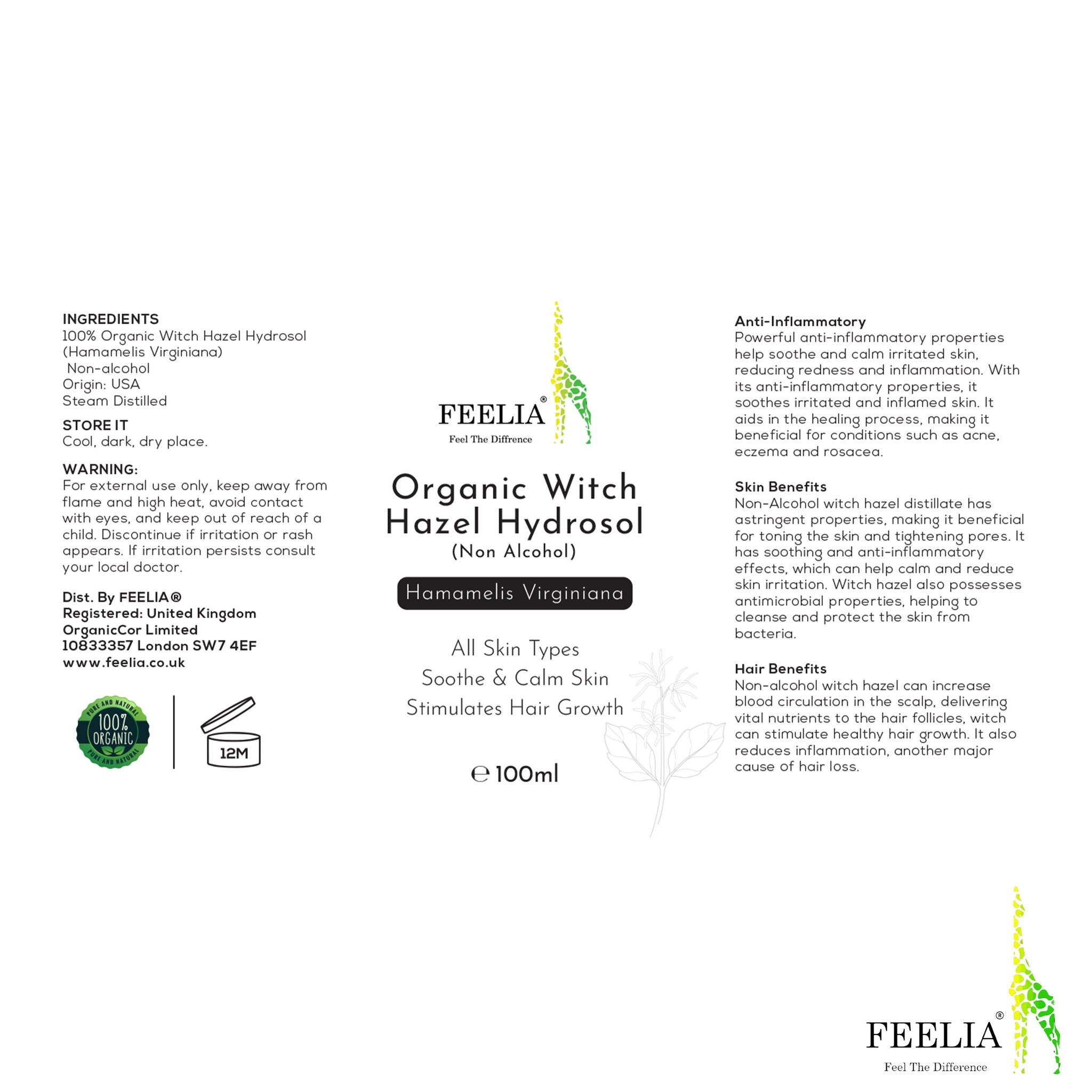 Organic Witch Hazel Hydrosol bottle, white background, FEELIA brand, text label visible, for skin care