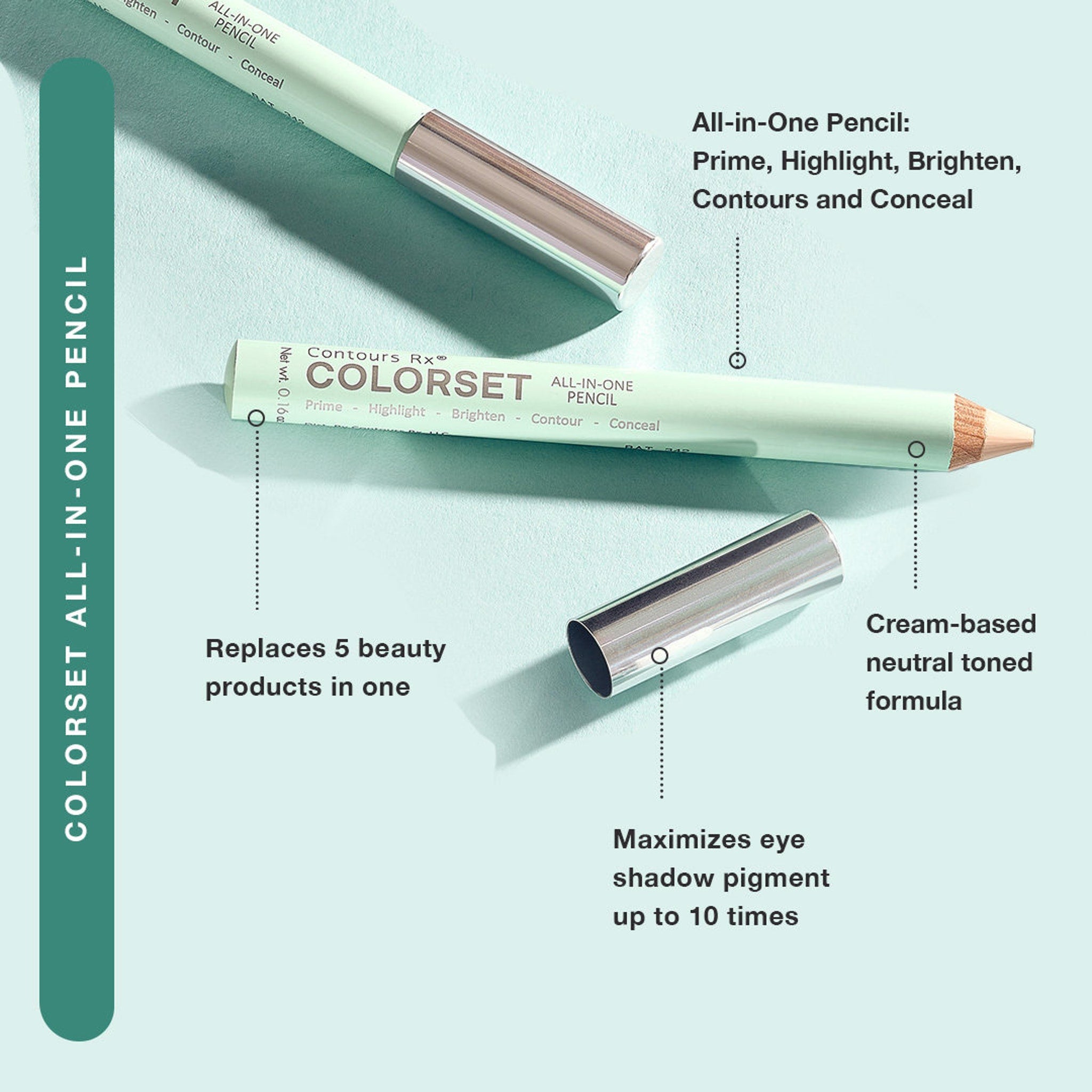 All-in-One Pencil in mint green with silver cap, and visible "COLORSET" text.