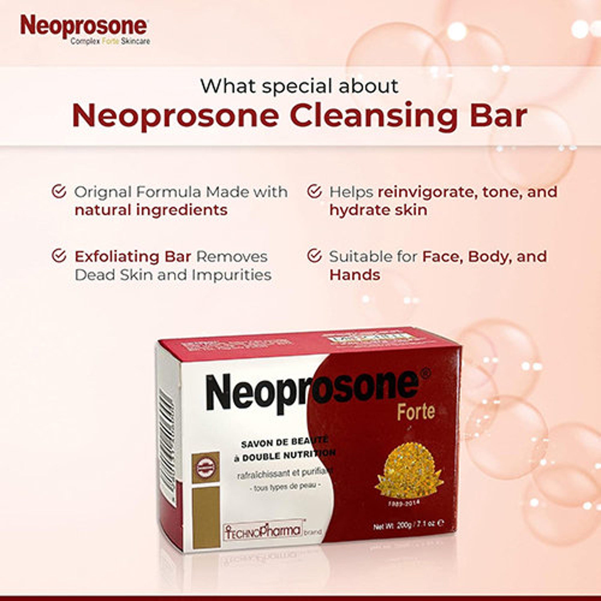 Cleansing bar box with red, white, and gold colors, Neoprosone brand name visible