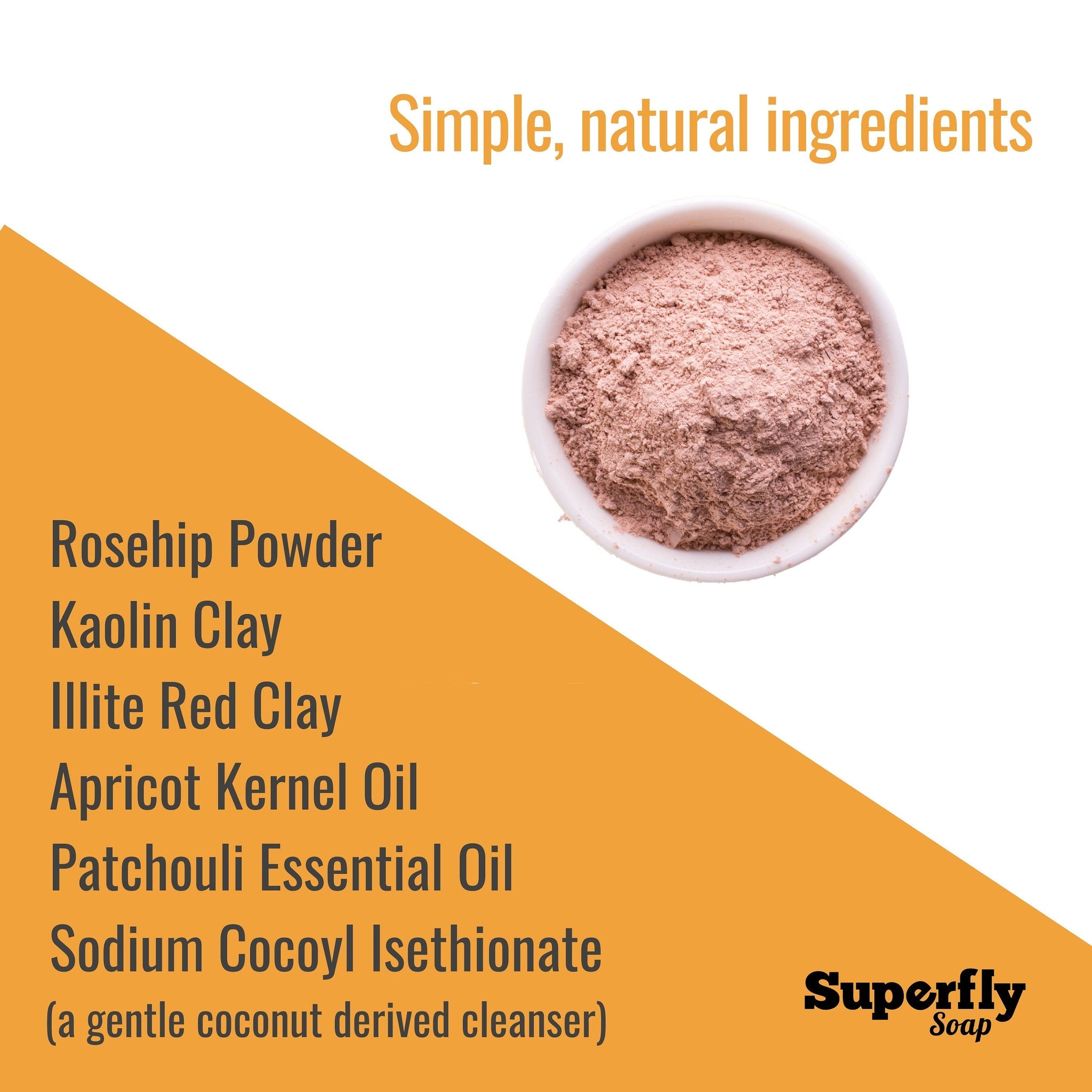 Rosehip powder in white bowl, pink powder, Superfly Soap branding on orange background