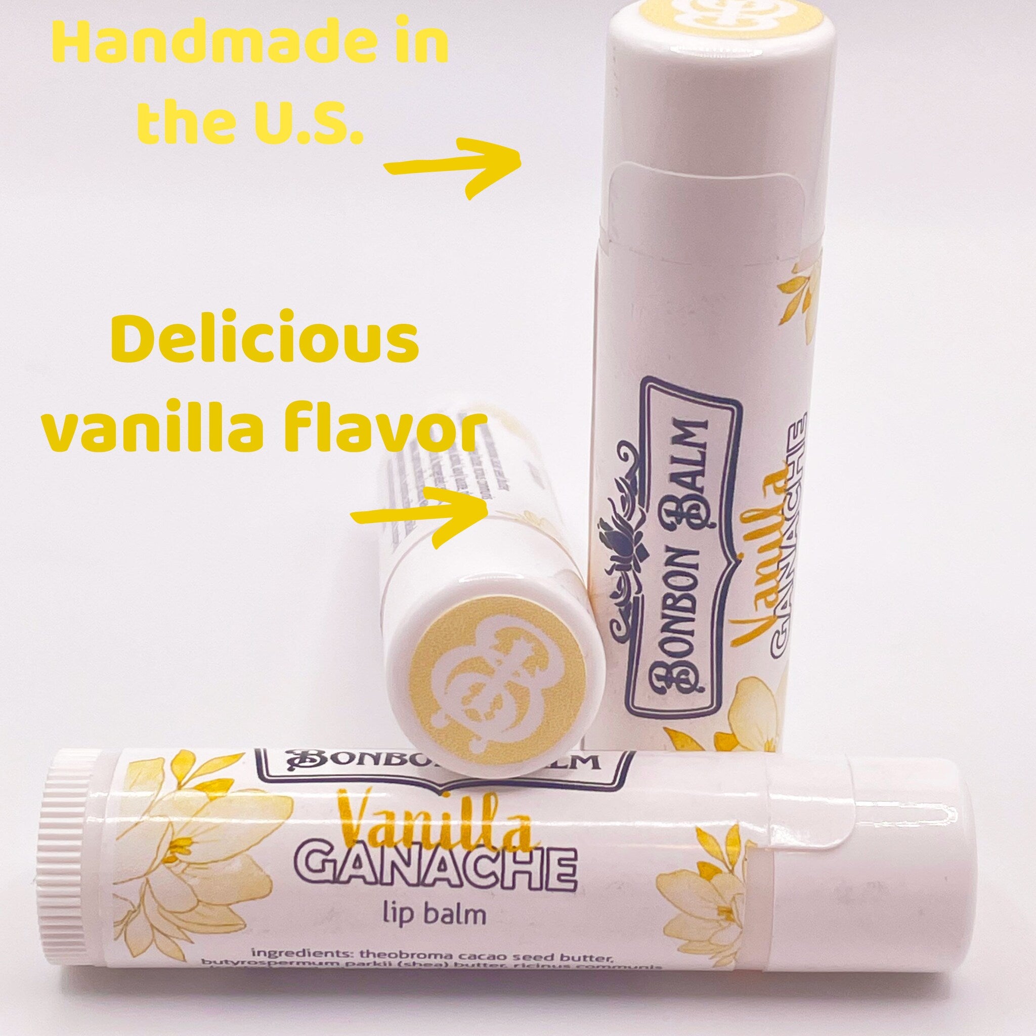 Lip balm tubes with white and yellow floral pattern, "Vanilla Ganache" text, and "Bonbon Balm" logo displayed