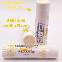 Lip balm tubes with white and yellow floral pattern, "Vanilla Ganache" text, and "Bonbon Balm" logo displayed
