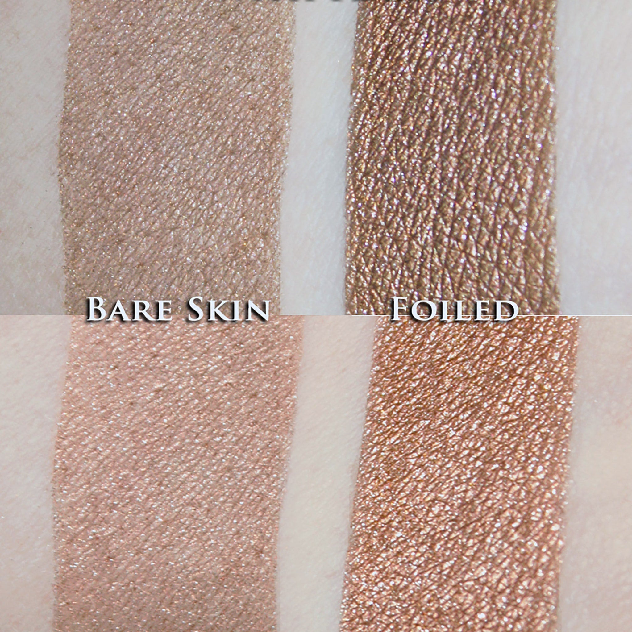 Hand applying metallic rose brown loose powder eyeshadow with a brush for a shimmery eyelid look