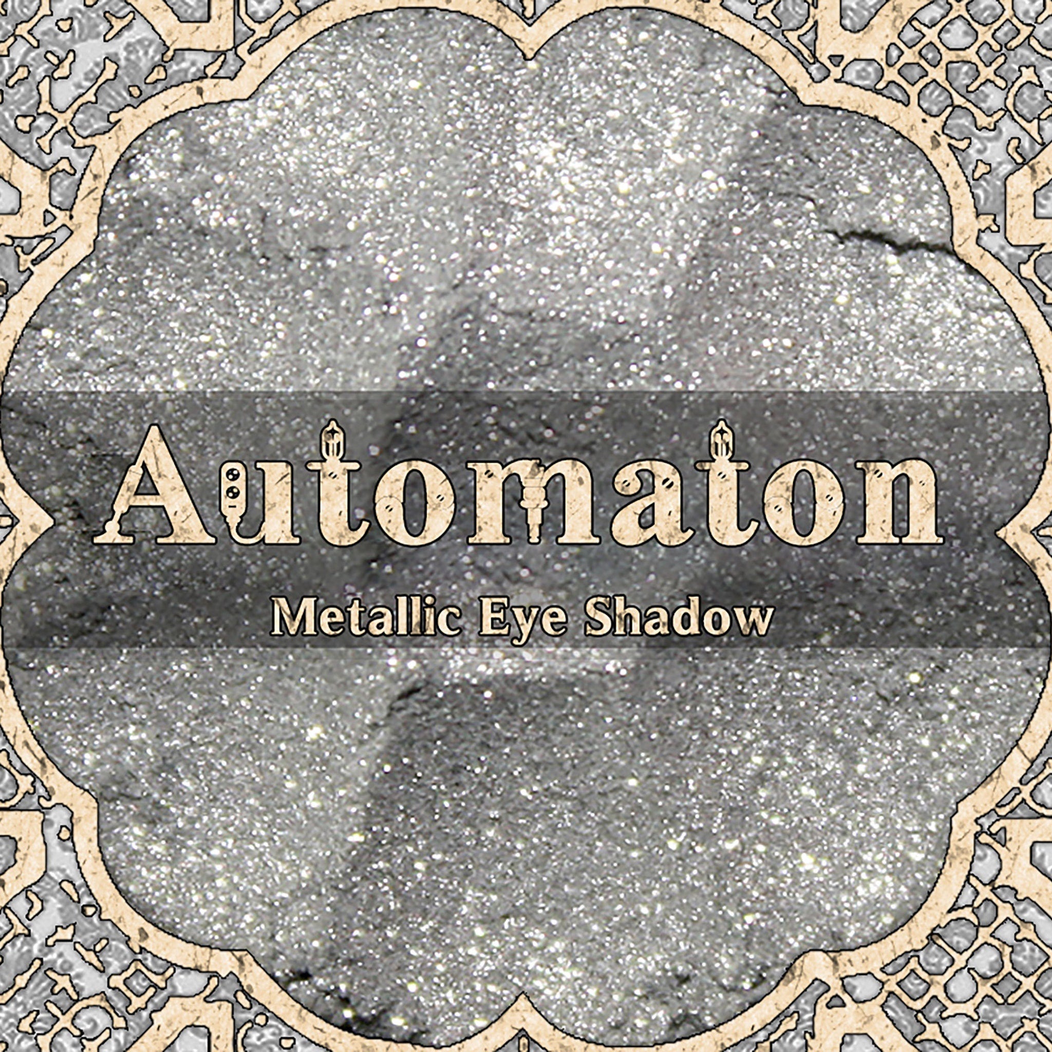 Eye shadow, metallic silver powder with decorative border, AUTOMATON brand name
