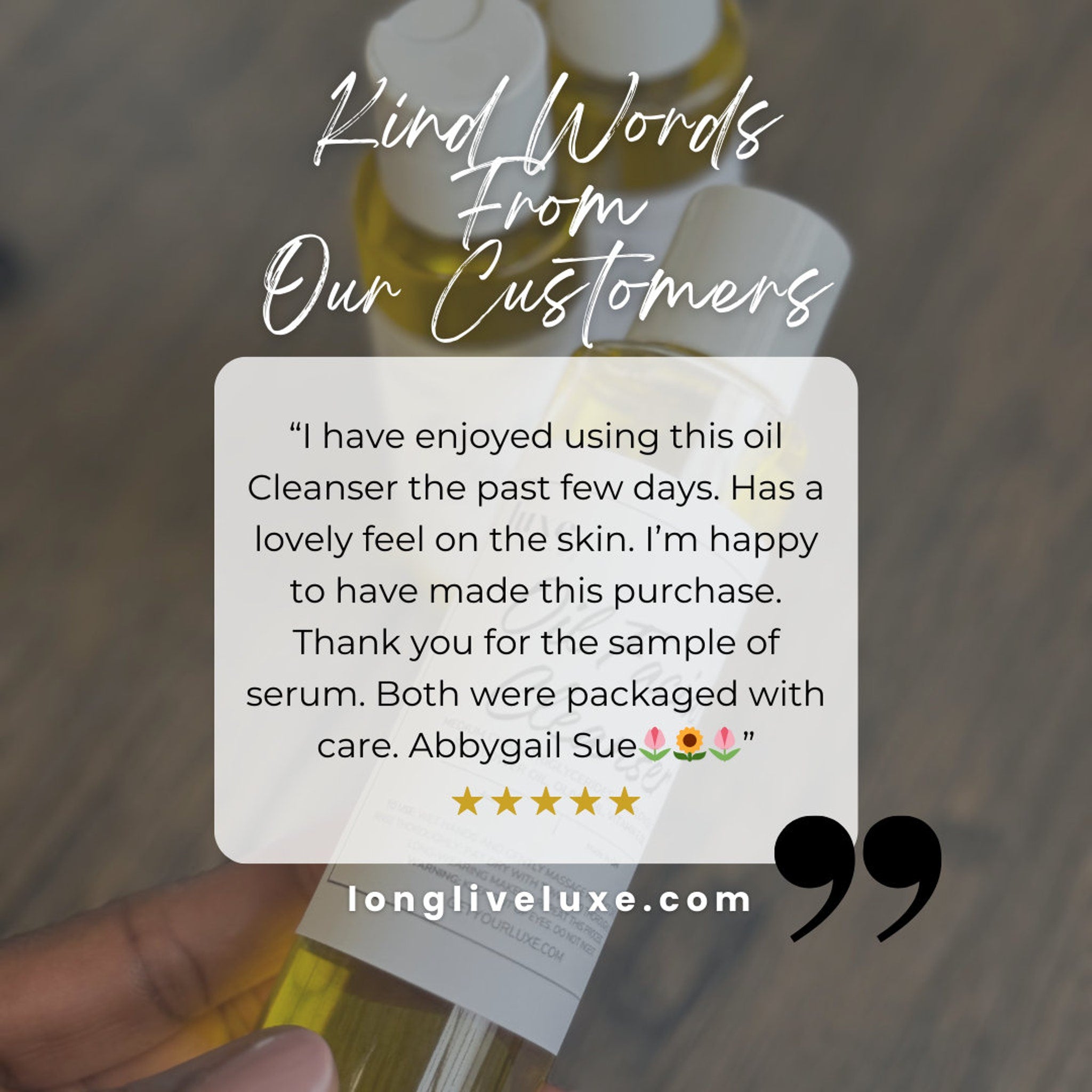 Customer review of oil cleanser with white text on a white background and product bottles visible