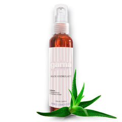 Aloe Vera Hydrosol Spray, clear bottle with pink label, Garna brand, and aloe vera leaf