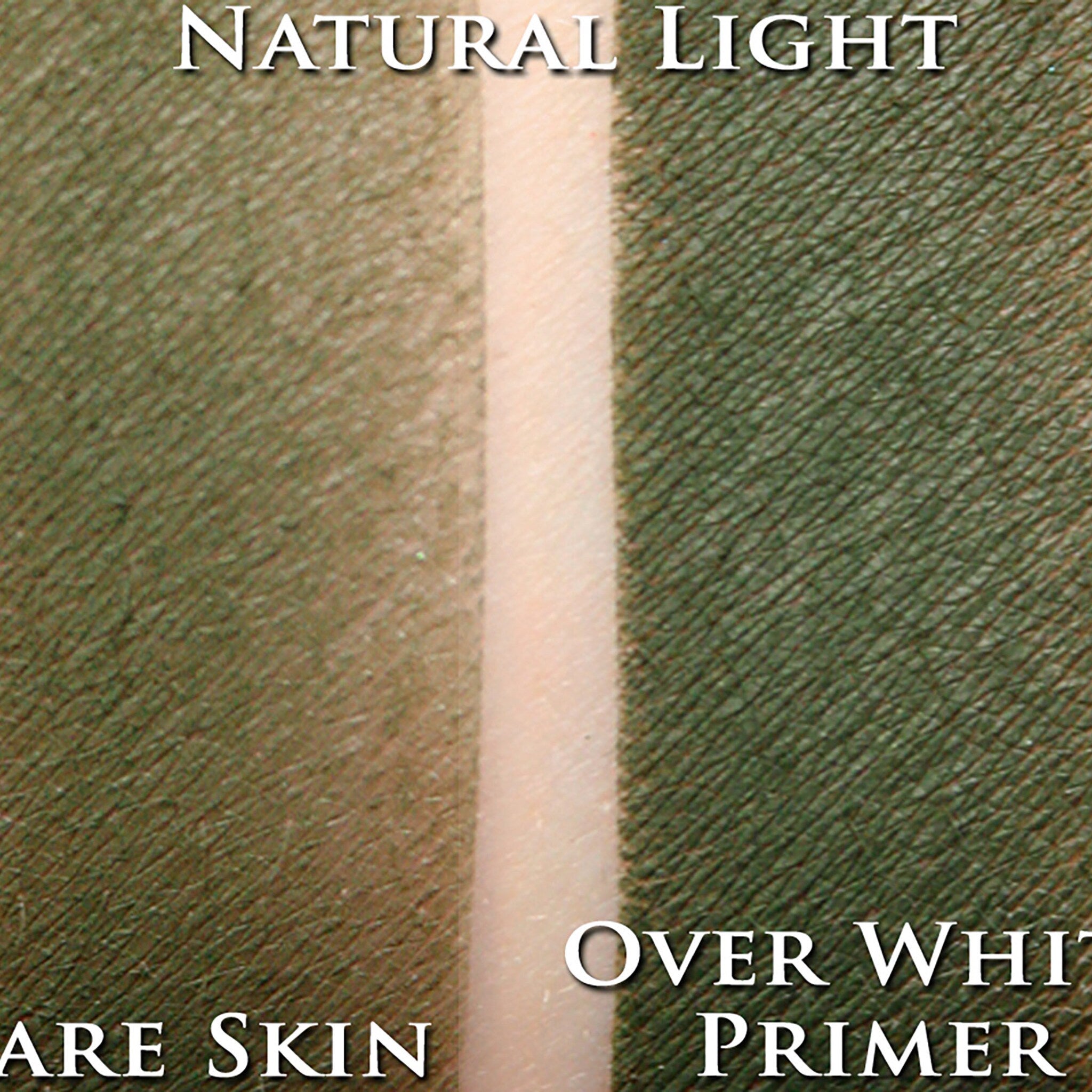 Hand applying deep moss green vegan matte eyeshadow with fingertip, showing loose powder pigment blendability