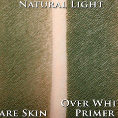Hand applying deep moss green vegan matte eyeshadow with fingertip, showing loose powder pigment blendability