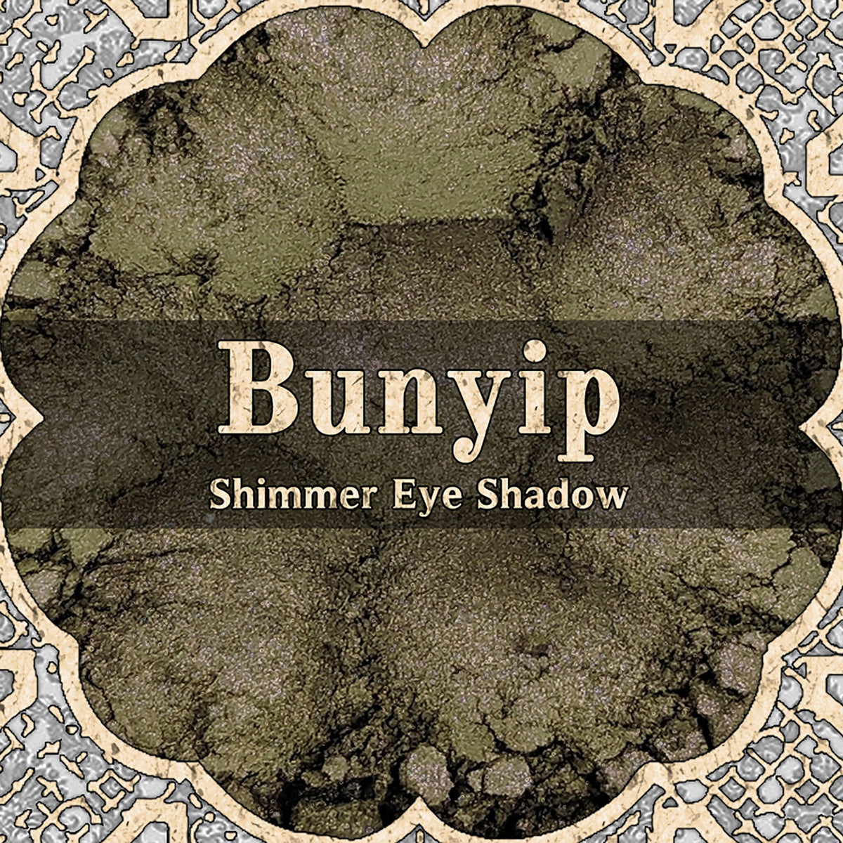 Deep olive green and copper duochrome loose powder eyeshadow with shimmer in a small jar