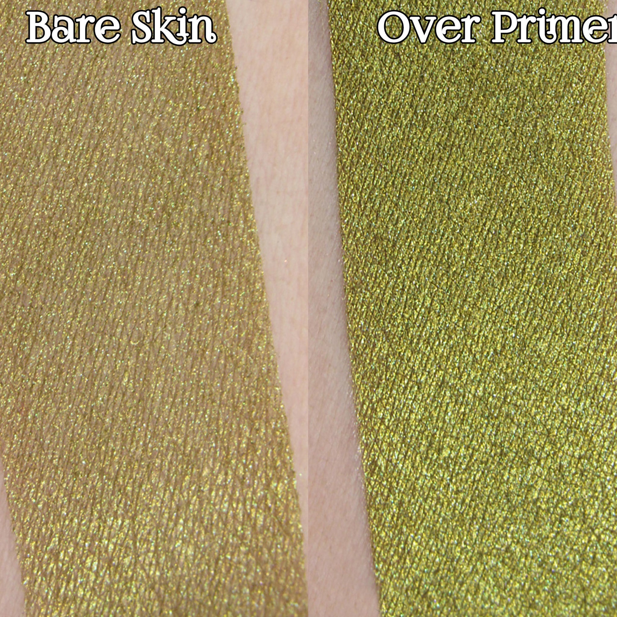 Eyeshadow swatch comparison with gold and green shimmer on skin