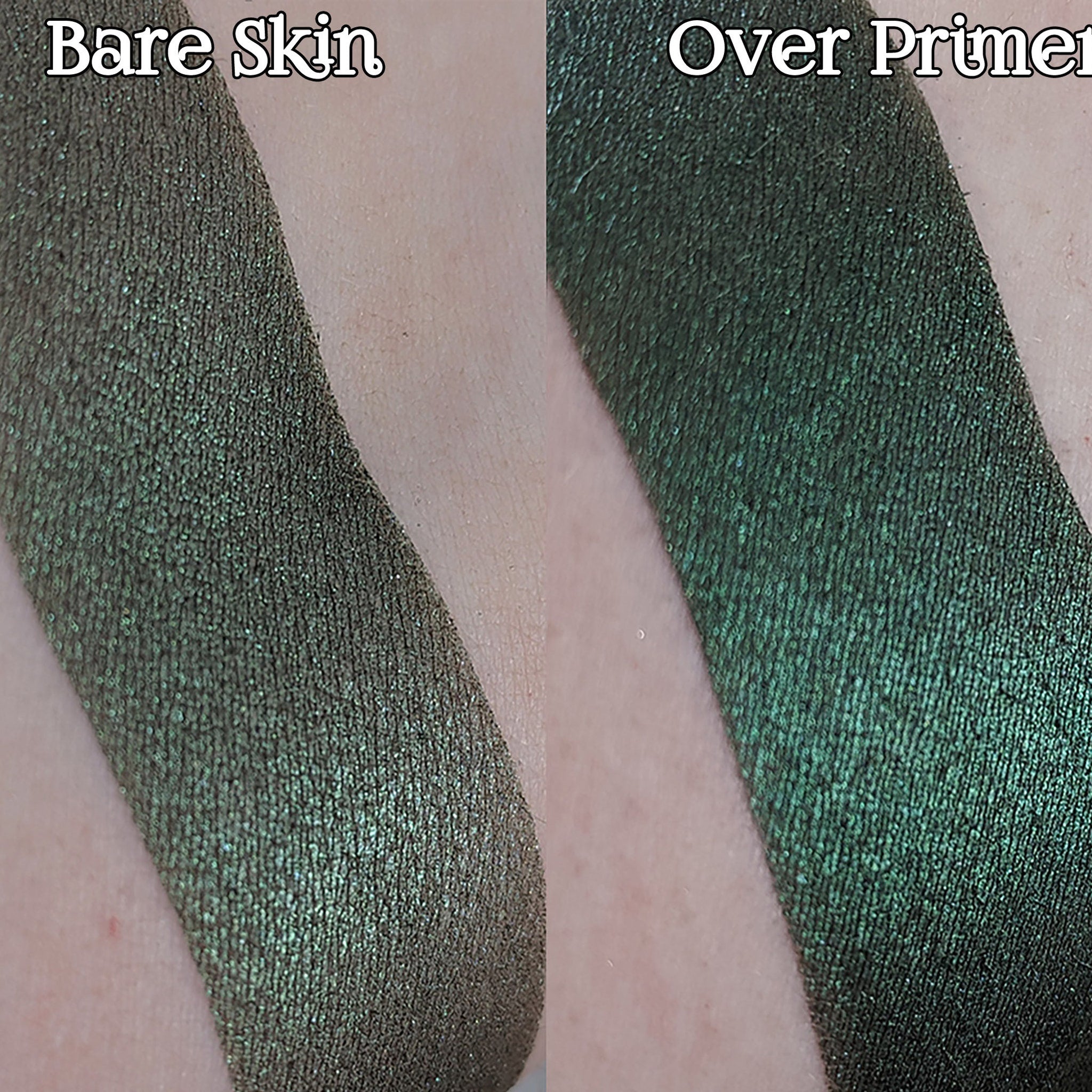 Open jar of deep emerald green shimmer loose powder eyeshadow with duochrome effect, vegan makeup