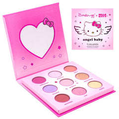 Hello Kitty Angel Baby Eyeshadow Palette featuring pastel pink packaging with 12 shimmer and matte shades in a heart-shaped compact