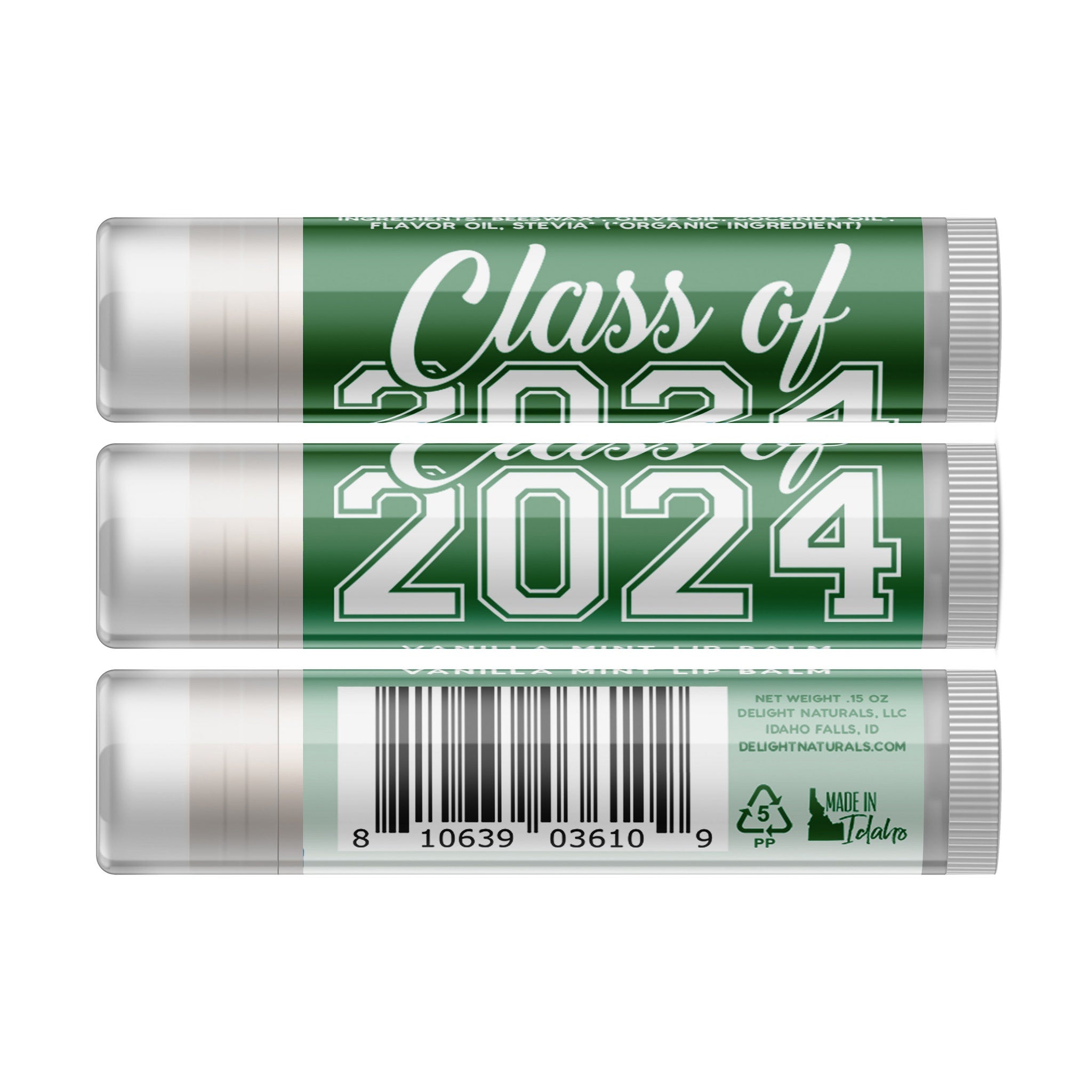 Lip balm tubes with green and white labels, "Class of 2024" text, and barcode details for Delight Naturals brand