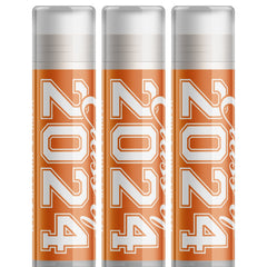 Lip balms, orange tubes with white text "2024", three pack, Delight Naturals brand