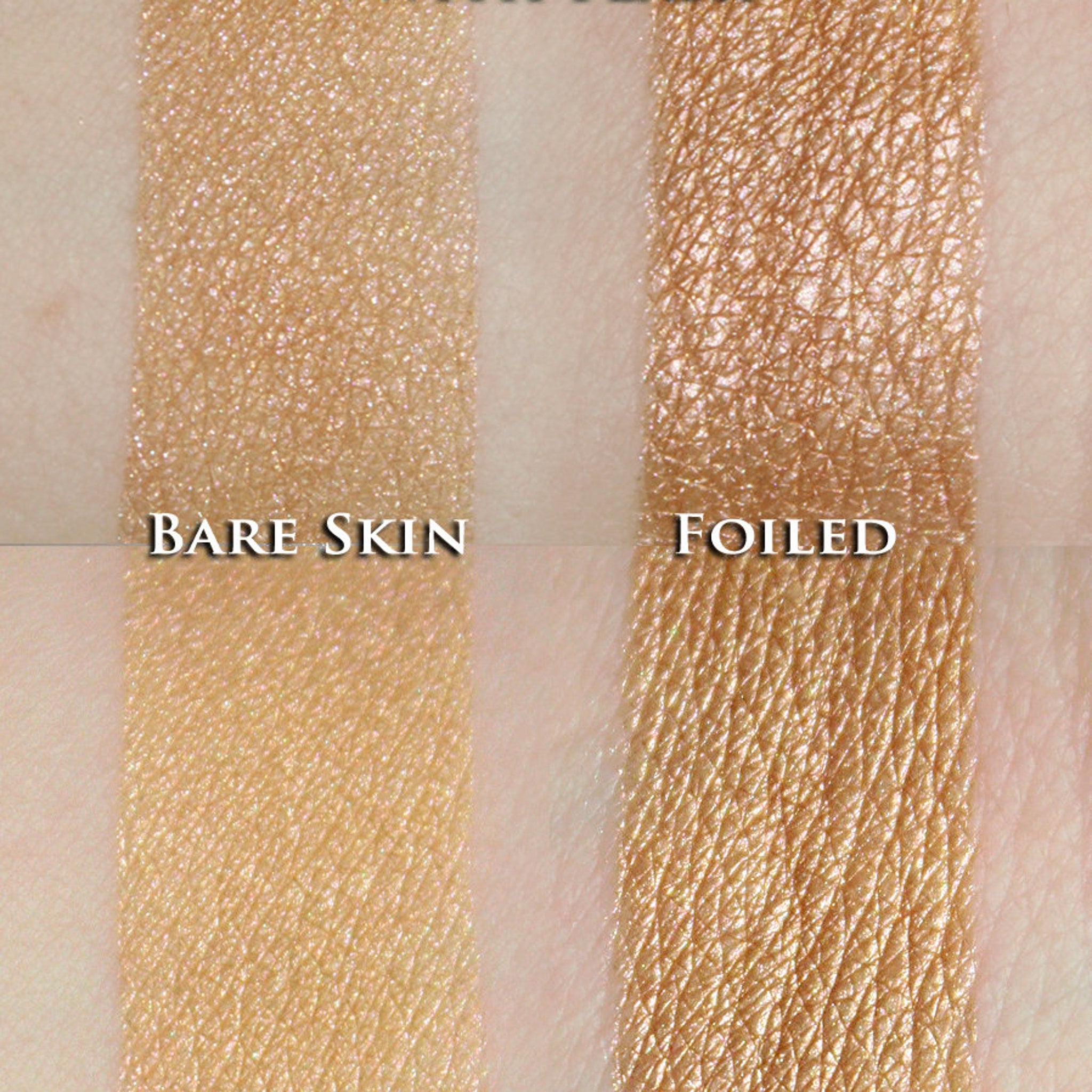 Hand applying rose gold shimmer eyeshadow with a brush, showcasing light pink and peach gold loose powder blend
