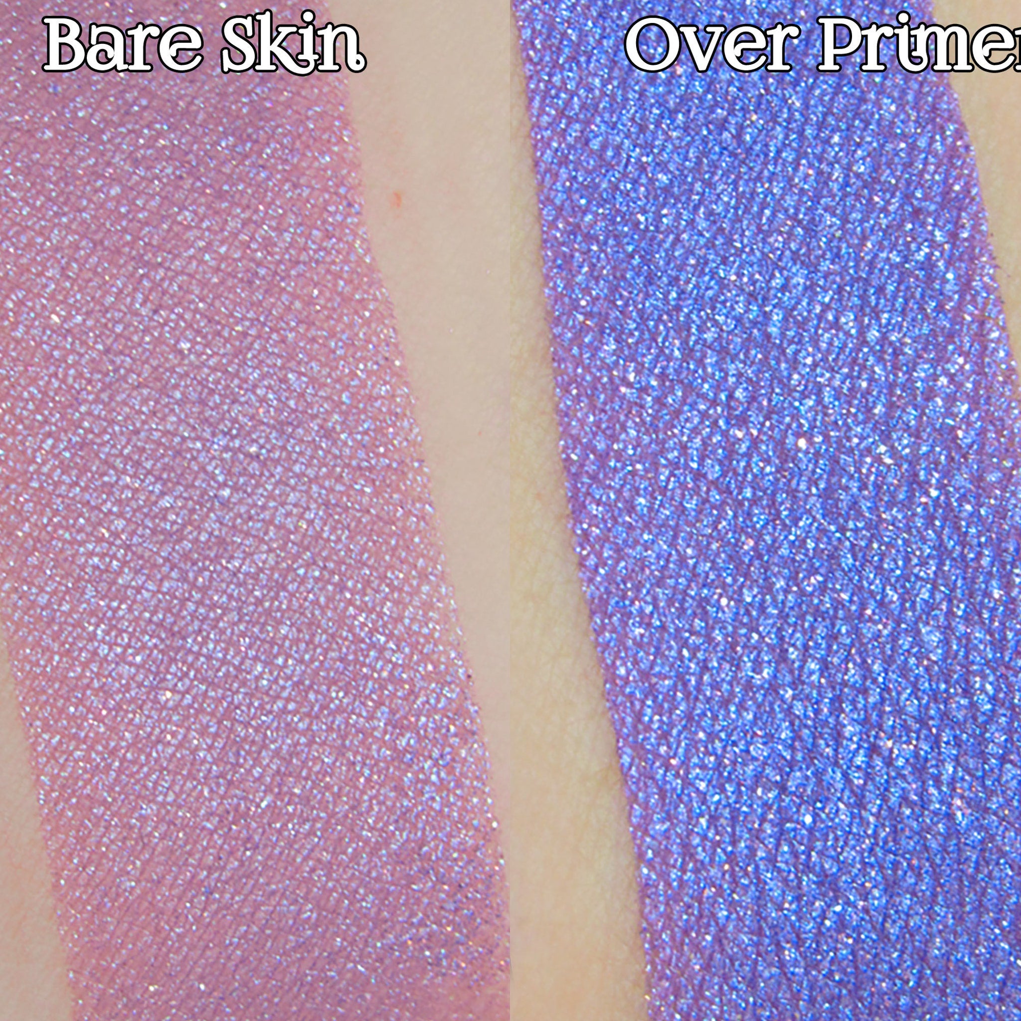 Eyeshadow swatches, pink and blue shimmer, applied on skin, showing color variation