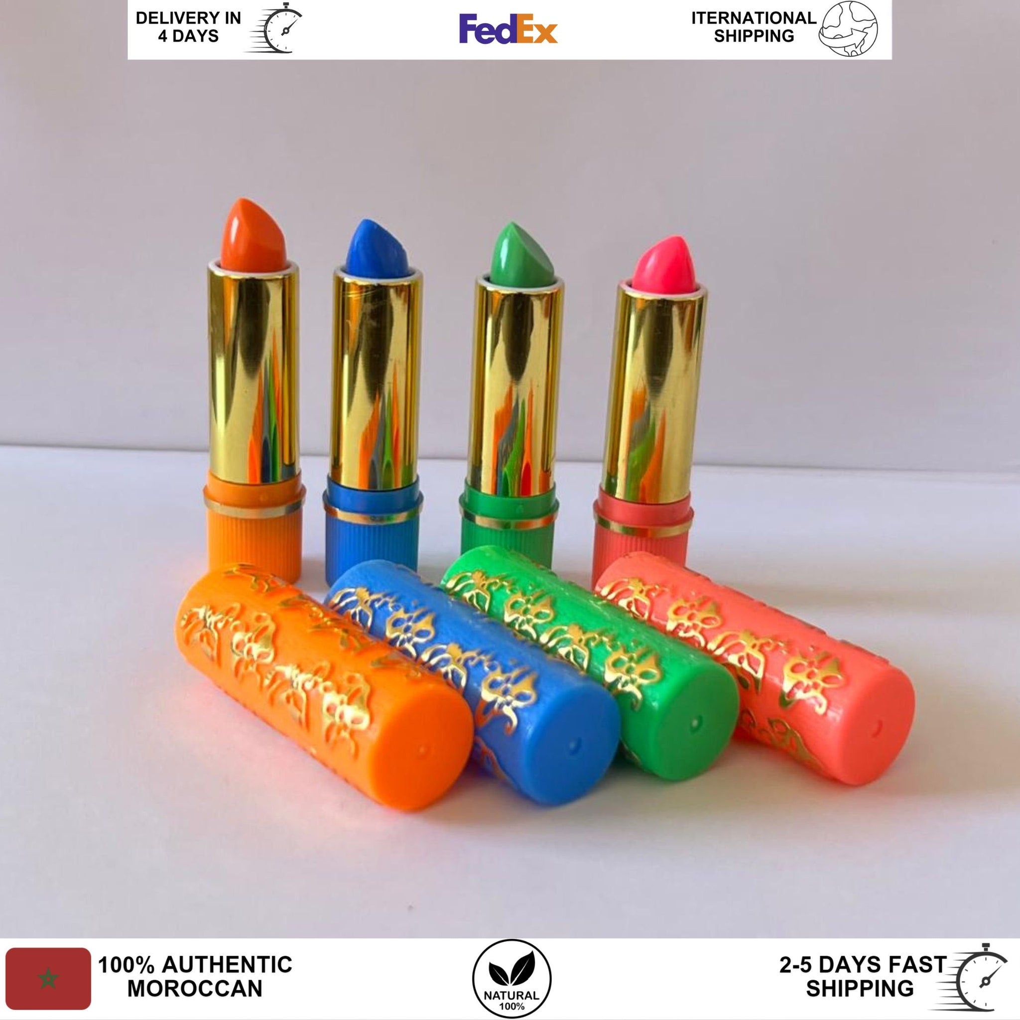 Lipsticks, colorful tubes with gold accents, embossed design, and bright lipstick tips