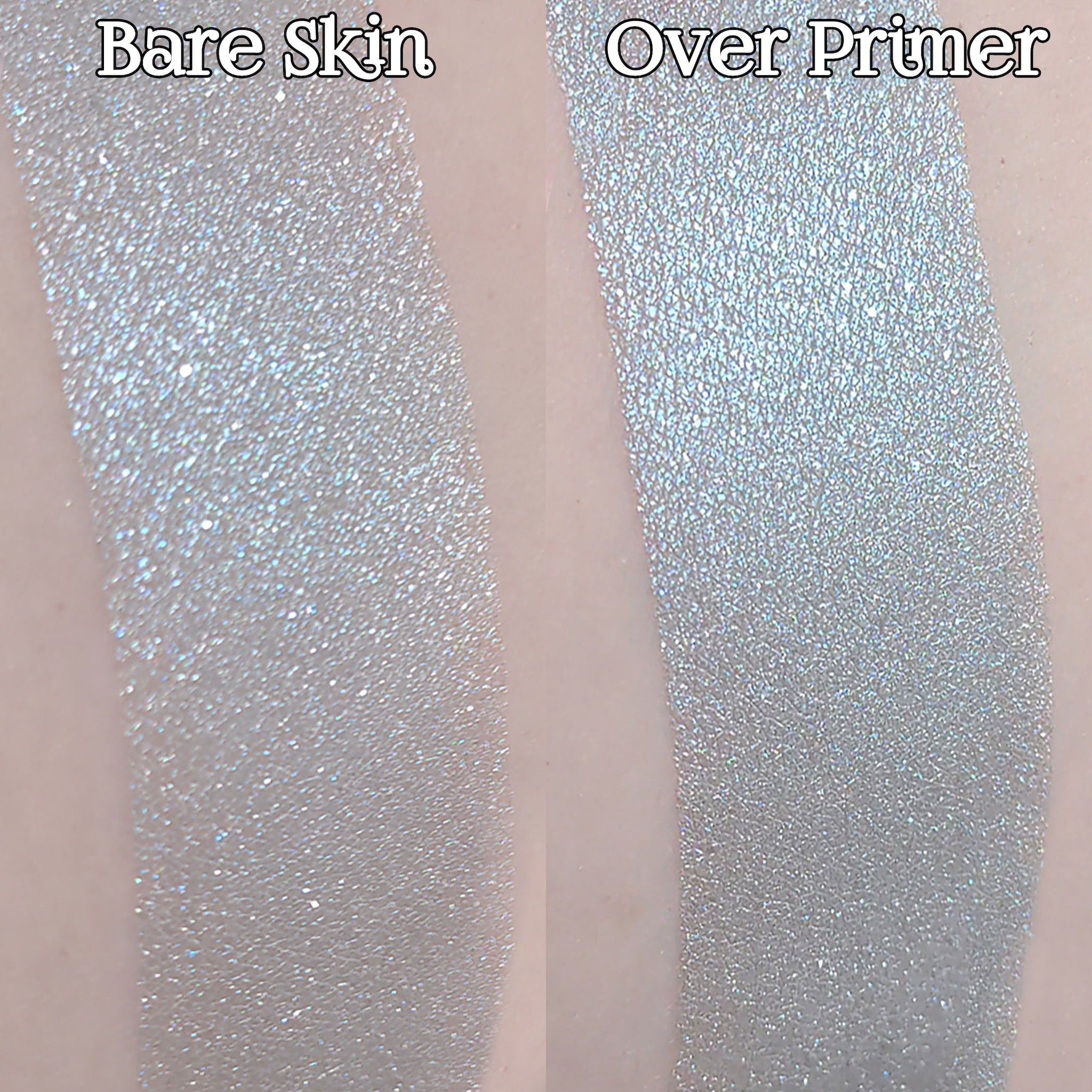 Swatches of shimmering silver pigment on skin, with "Bare Skin" and "Over Primer" text visible