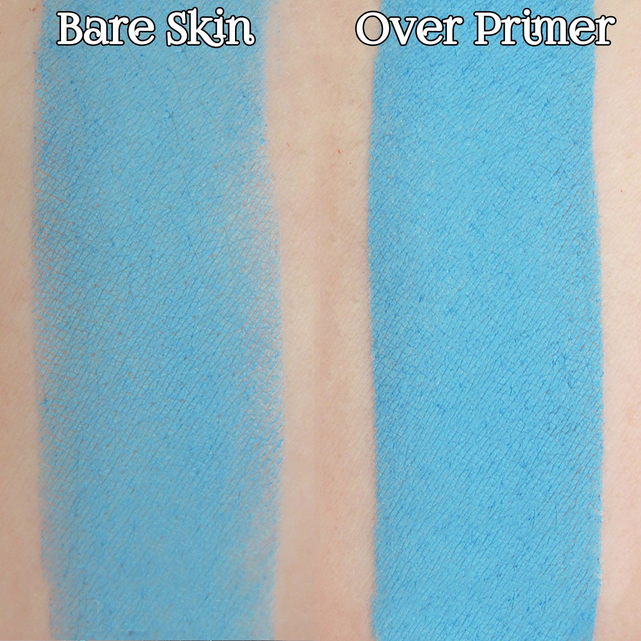 Blue swatch comparison on skin, showing texture and color difference between bare skin and primer application