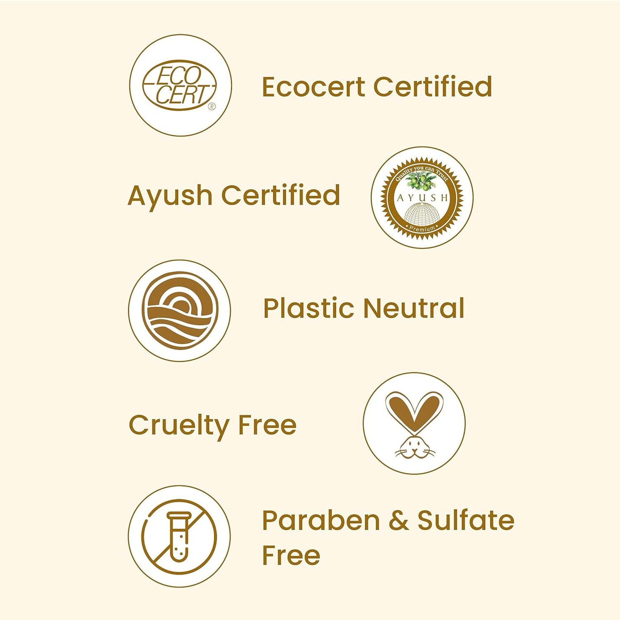 Certifications graphic with brown text and icons on cream background, including "Cruelty Free" and "Paraben & Sulfate Free