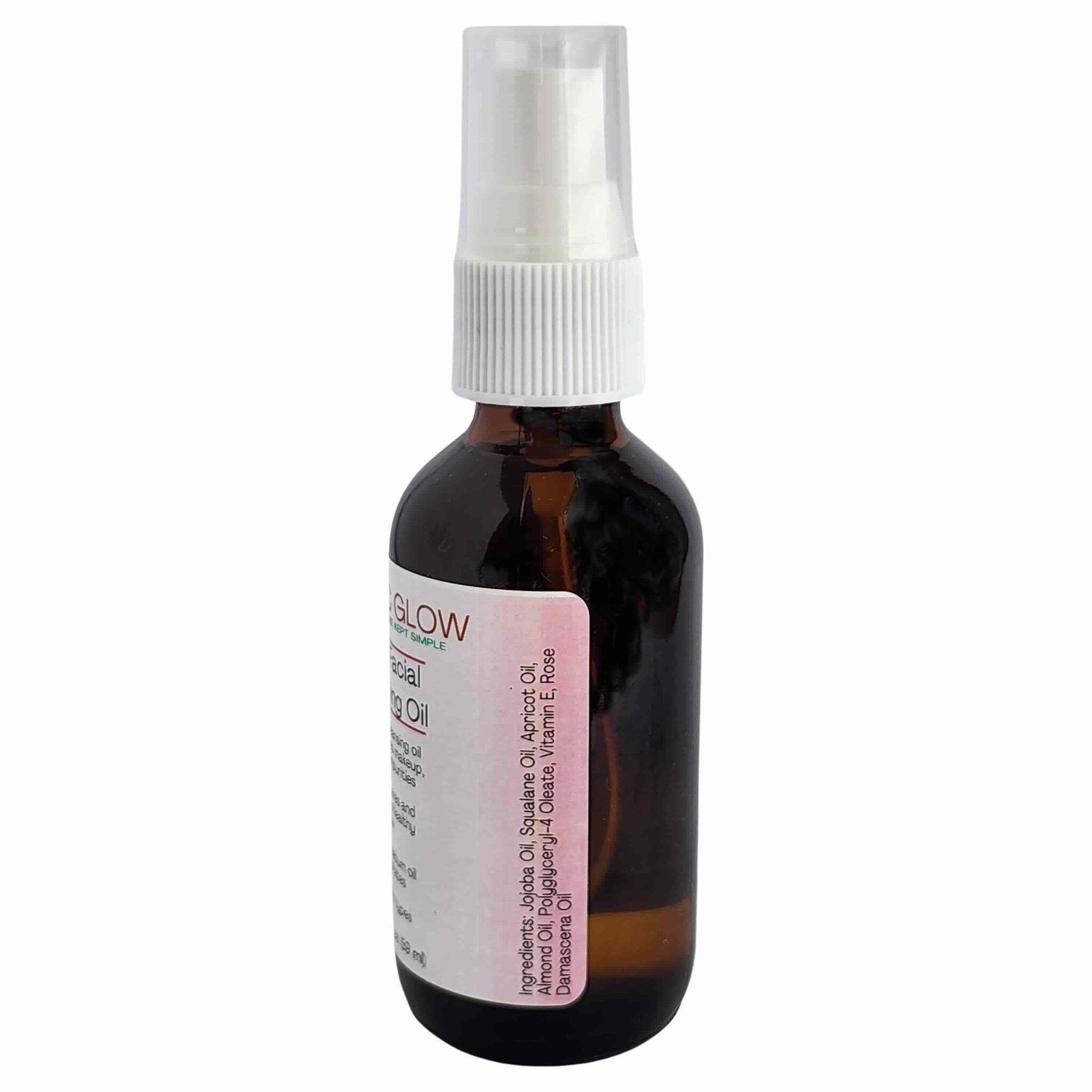 Facial oil bottle with brown glass, white spray top, and label with text