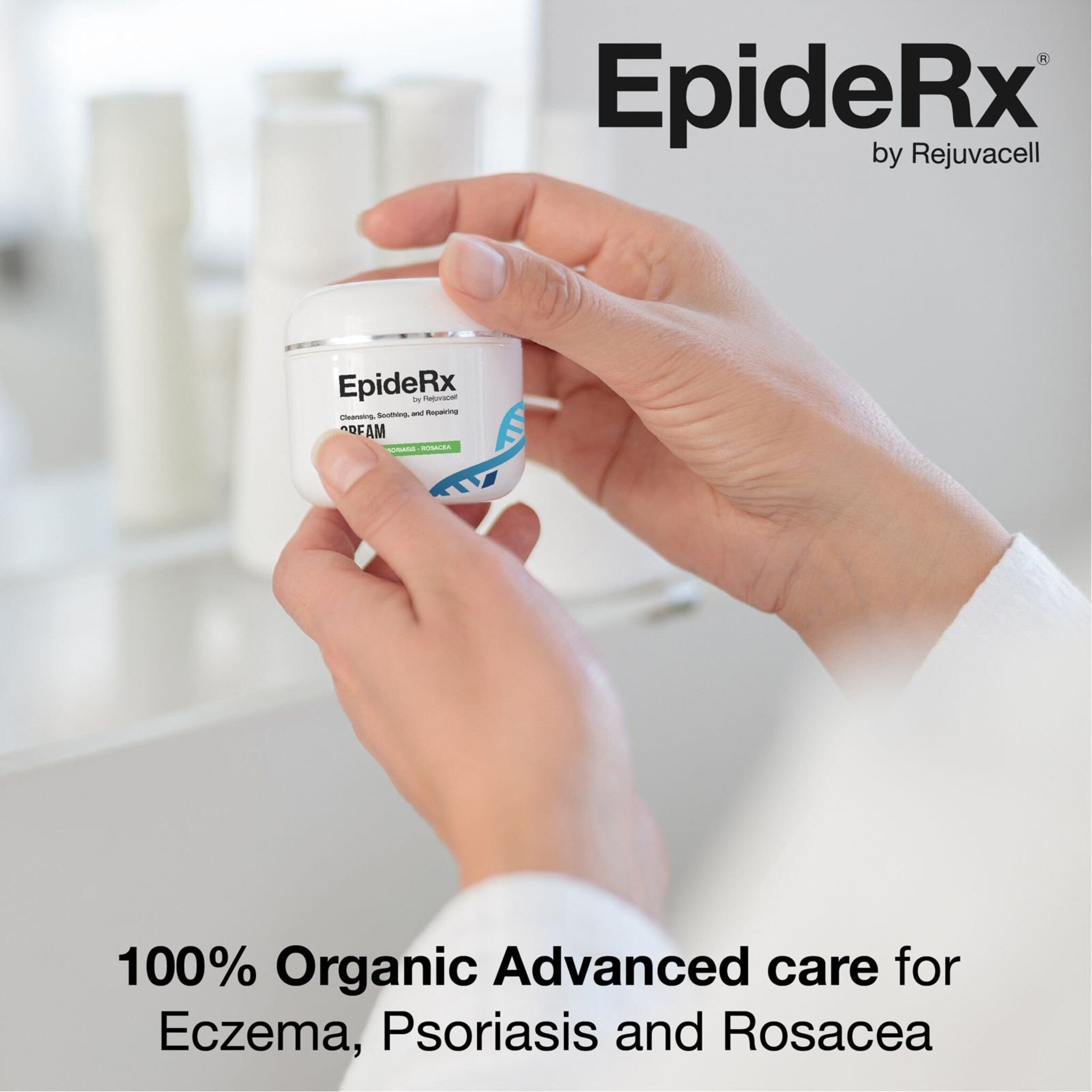 Cream jar held in hands, white container, EpideRx brand name visible on label