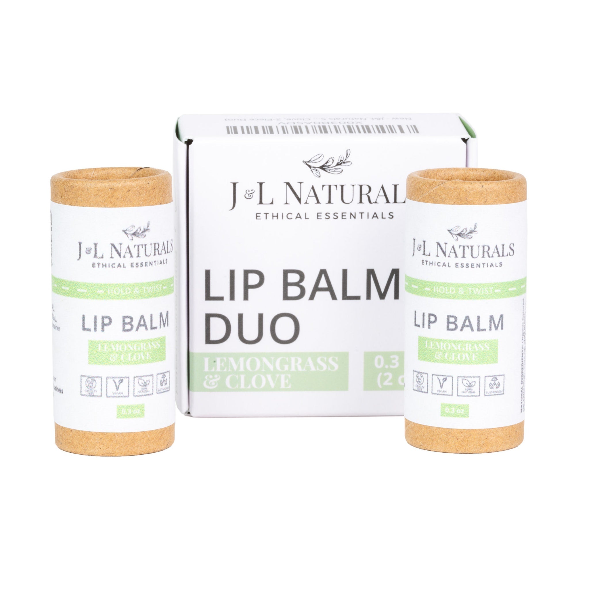 Lip balm duo with J&L Naturals branding, cardboard tube, white box, and green text label