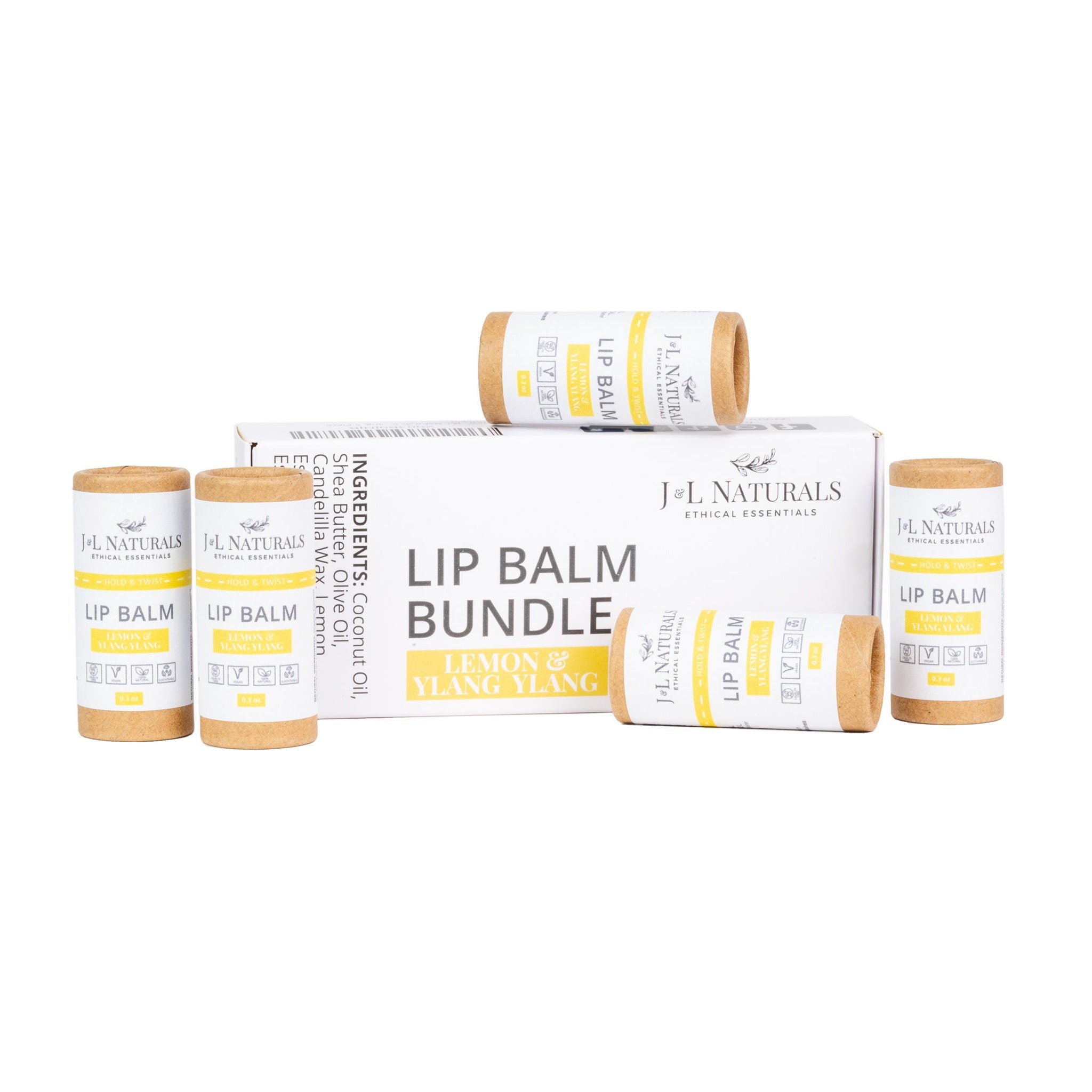Lip balm bundle with brown paper tubes, yellow text, and J&L Naturals branding
