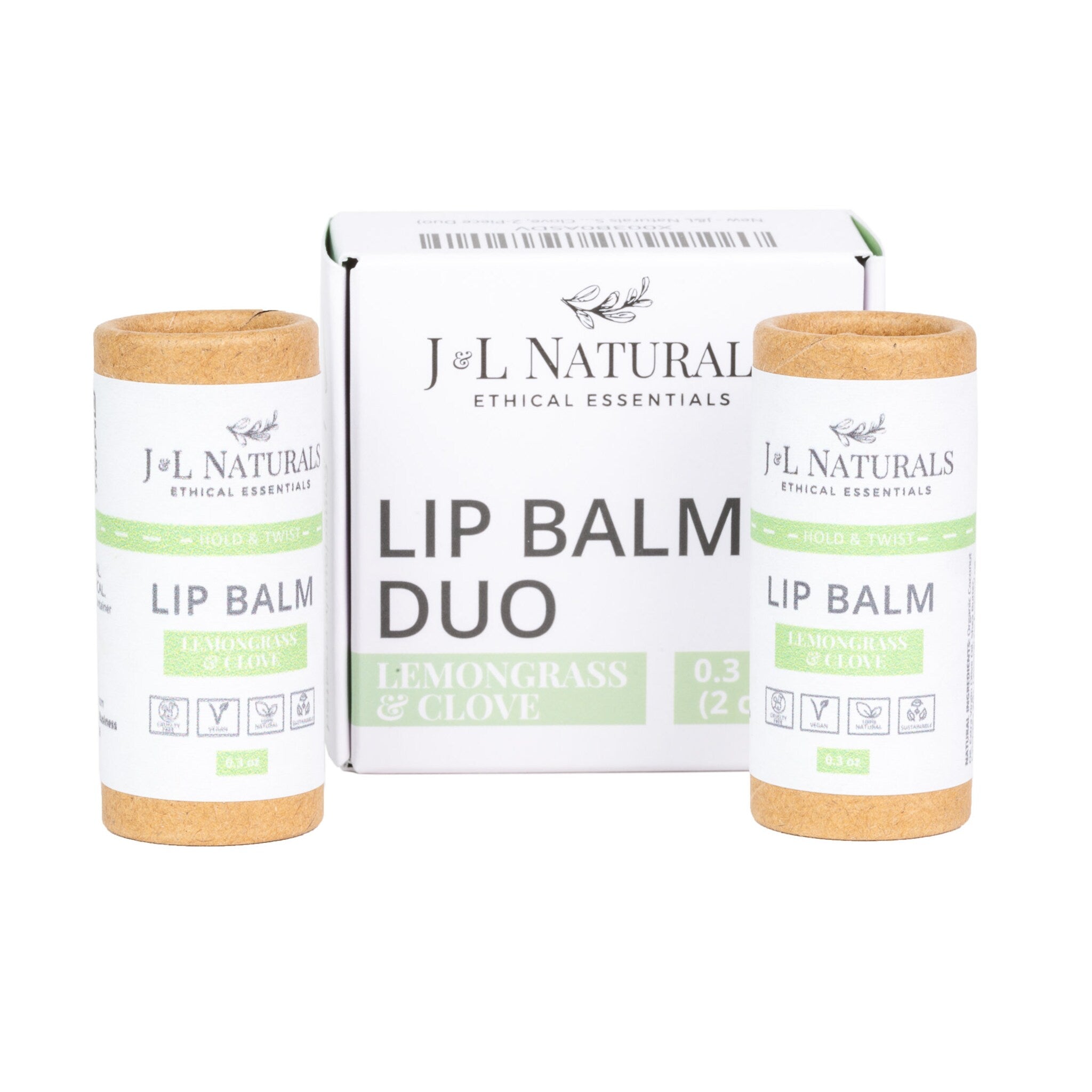 Lip balm duo with natural paper tube, white box, and J&L Naturals branding
