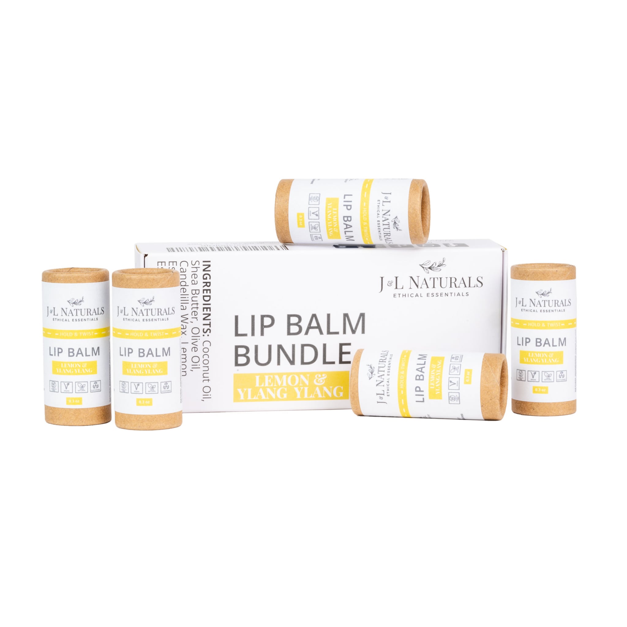 Lip balm tubes in natural cardboard with yellow and white labels, J&L Naturals branding visible