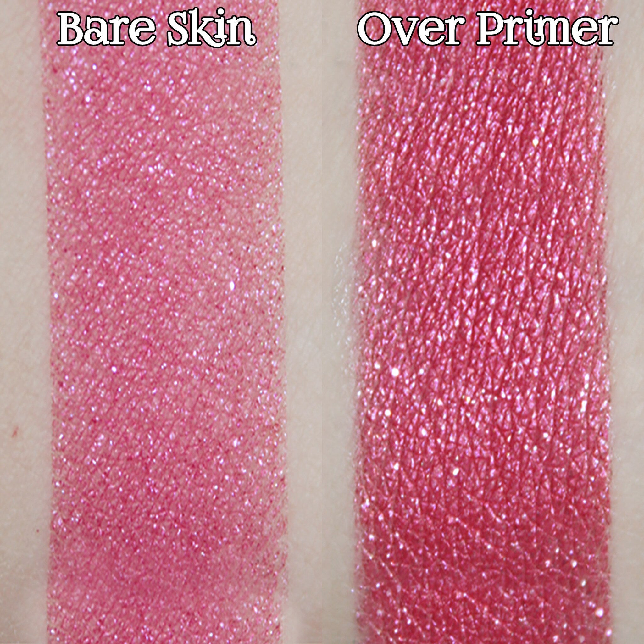 Hand applying vibrant hot pink sparkle loose powder eyeshadow with fingertip for bold makeup look