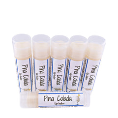Lip balm tubes with white and blue labels, clear caps, and Pina Colada text and image