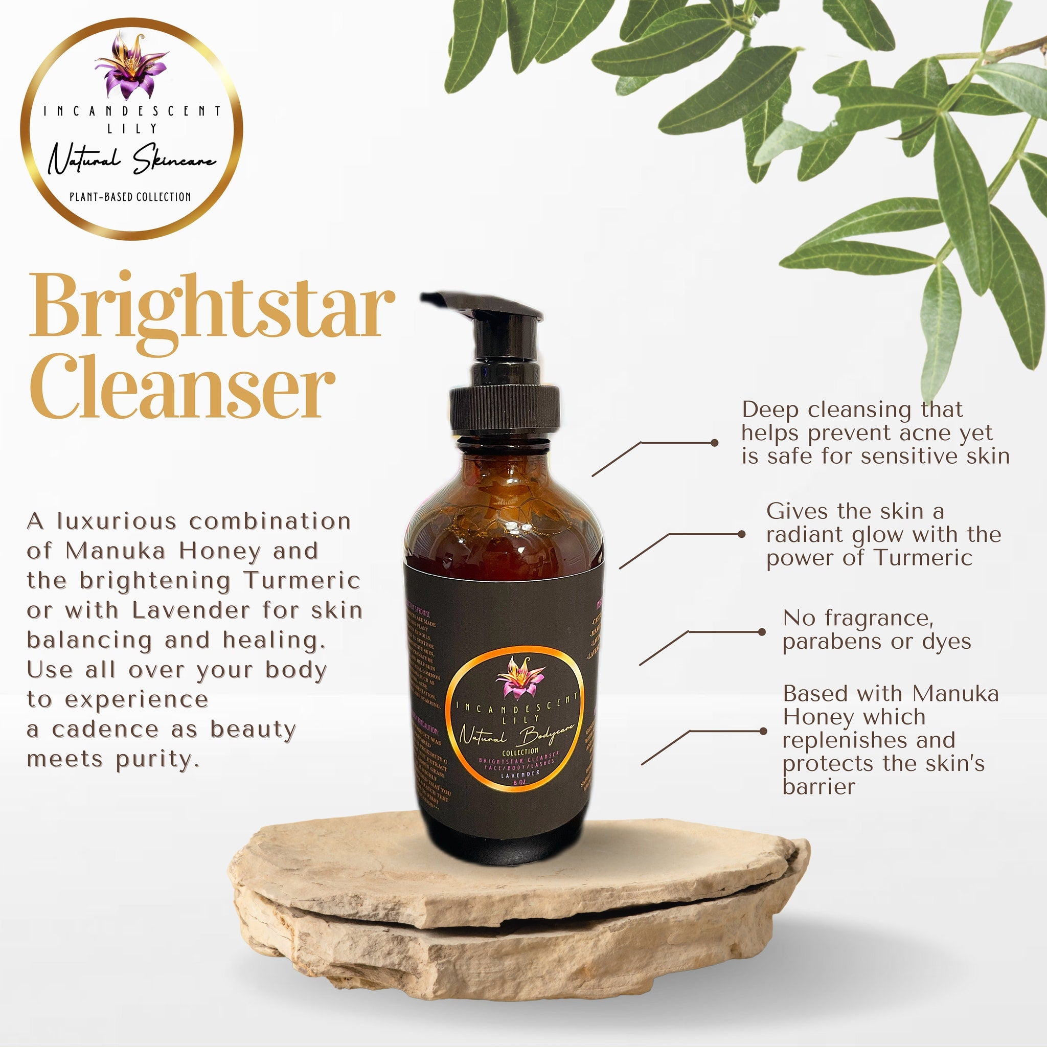 Brightstar Cleanser bottle, brown glass with black pump, Incandescent Lily label on stone base