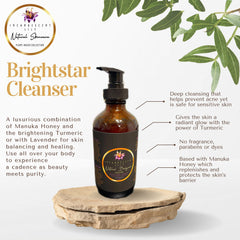 Brightstar Cleanser bottle, brown glass with black pump, Incandescent Lily label on stone base