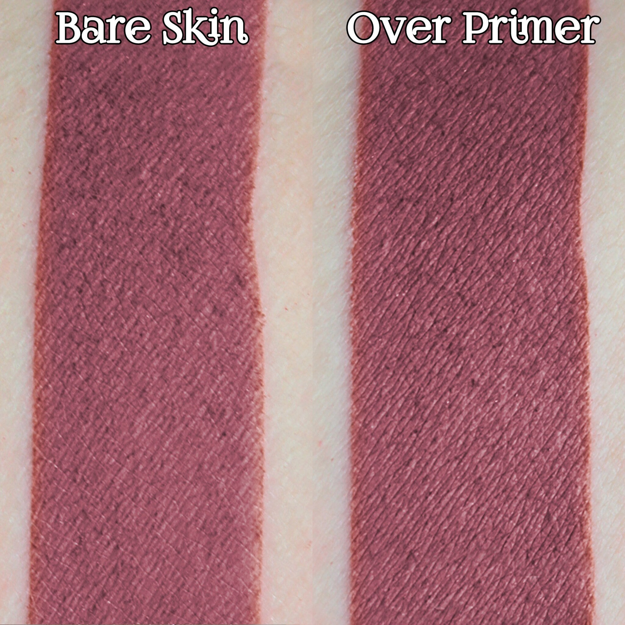 Hand applying rosewood pink loose powder eyeshadow with a brush, creating a soft matte finish on eyelid.