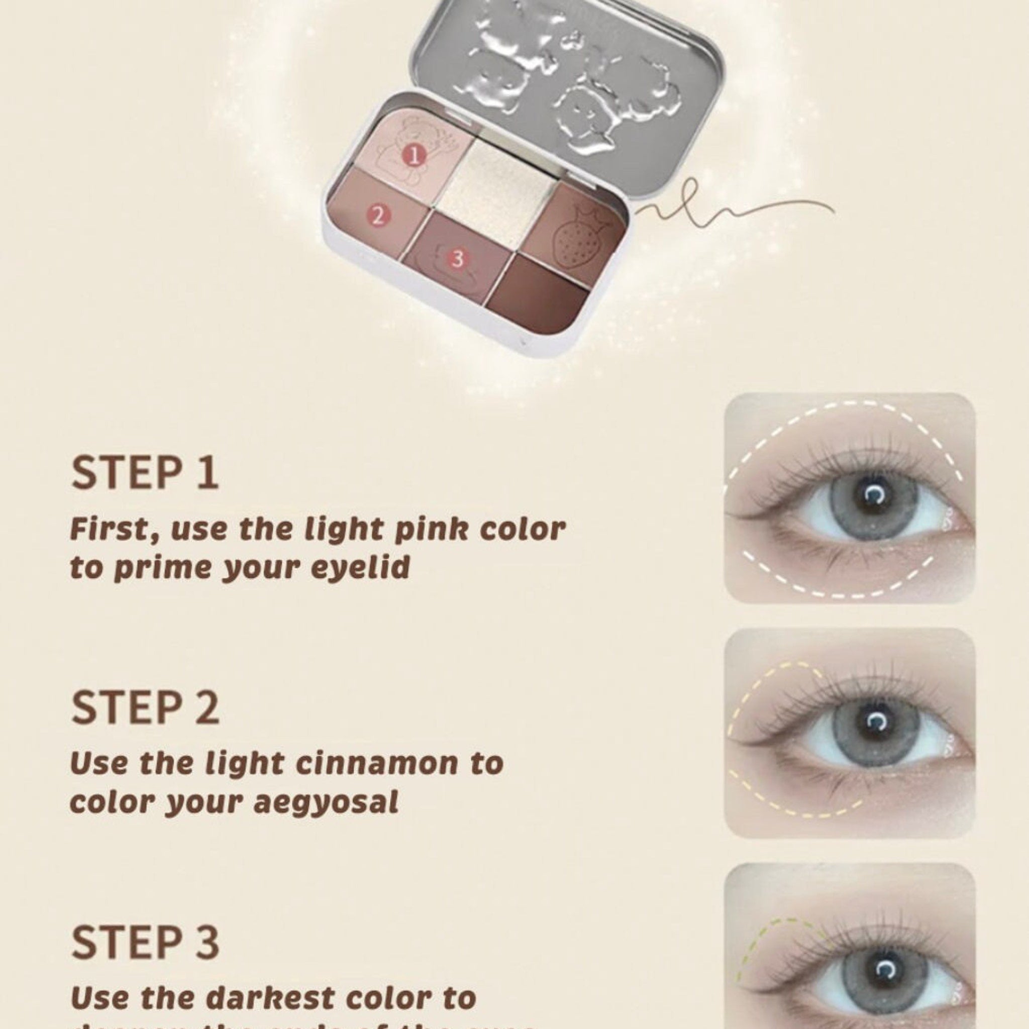 Kawaii Kpop & Douyin makeup palette displayed open, showing vibrant eyeshadows, blush, and highlighter in pastel packaging